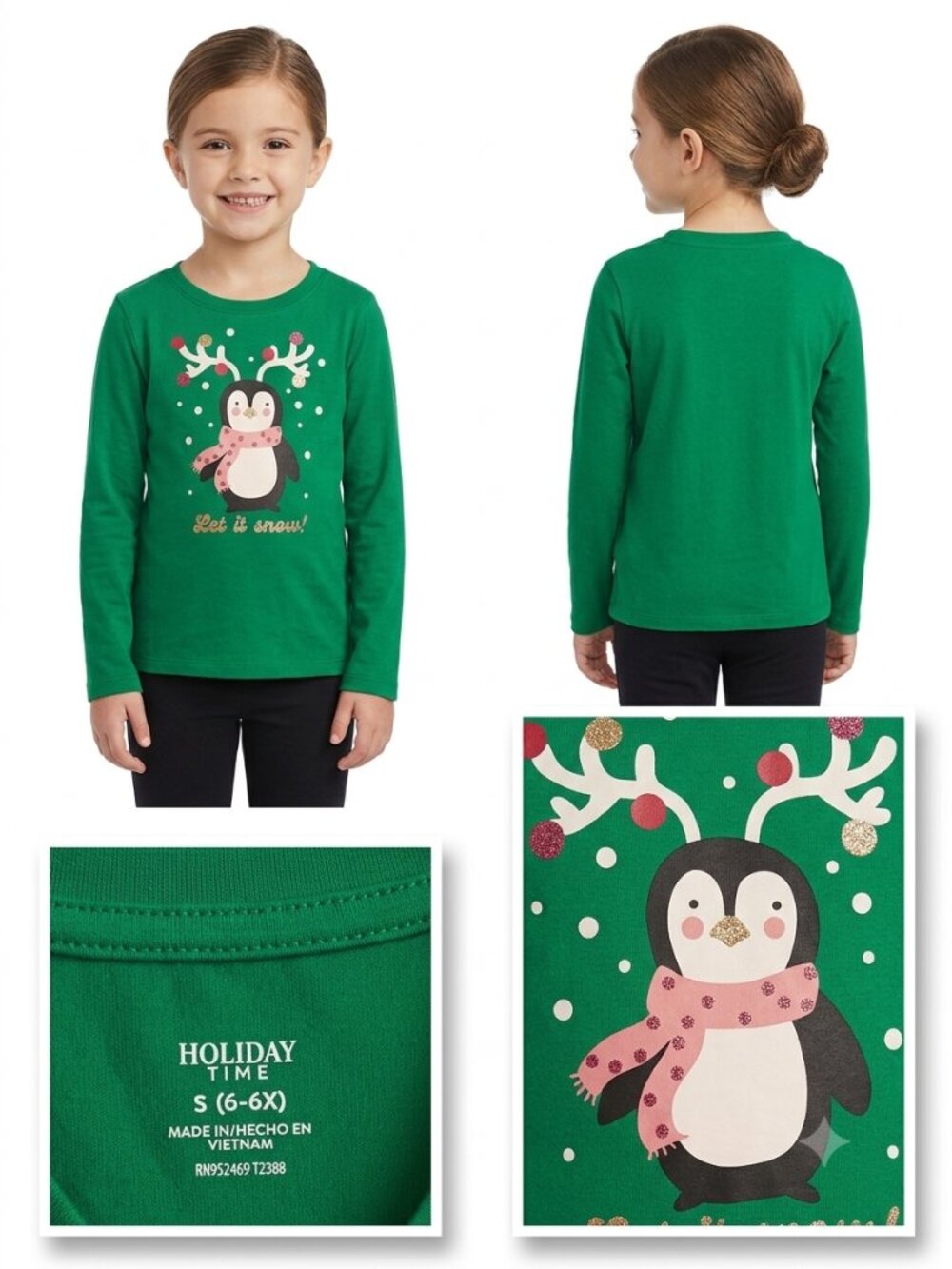 HOLIDAY TIME Girl's Green Penguin Applique with Glitter T-Shirt - Size S (6-6x)